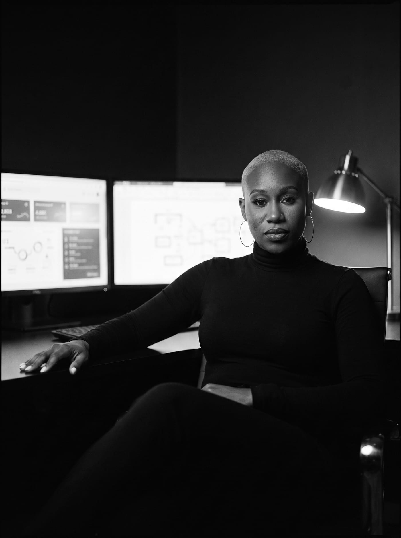 Black and white portrait of Nikki Rumph seated at her desk in a black turtleneck with monitors glowing behind her