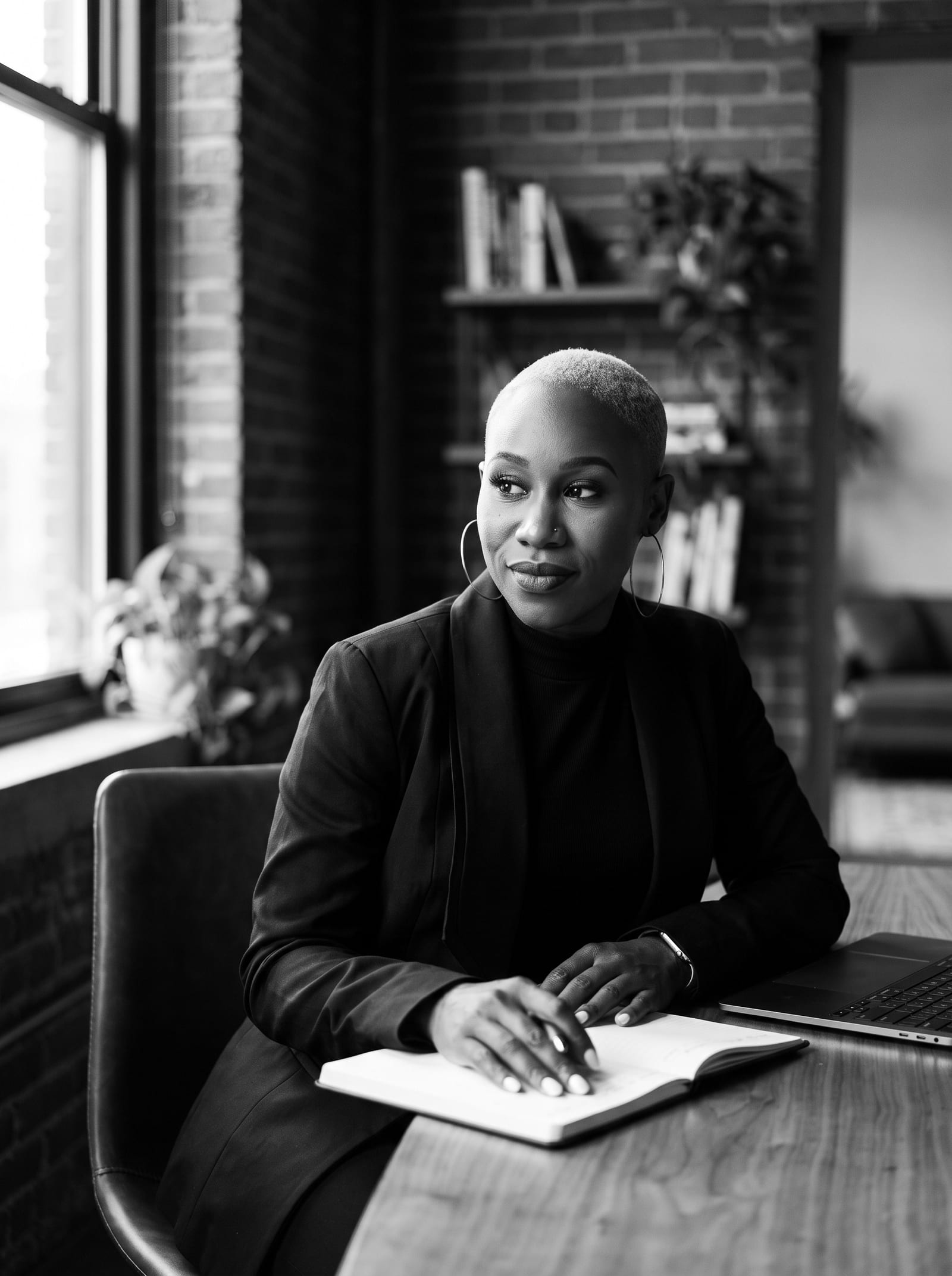 Black and white portrait of Nikki Rumph seated at a table with a notebook and laptop in a loft office, looking off to the side